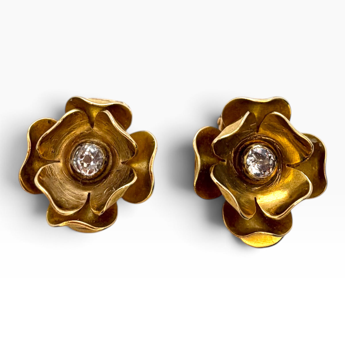 Antique 18ct Gold & Diamond Buttercup Brooch & Earrings Demi-Parure