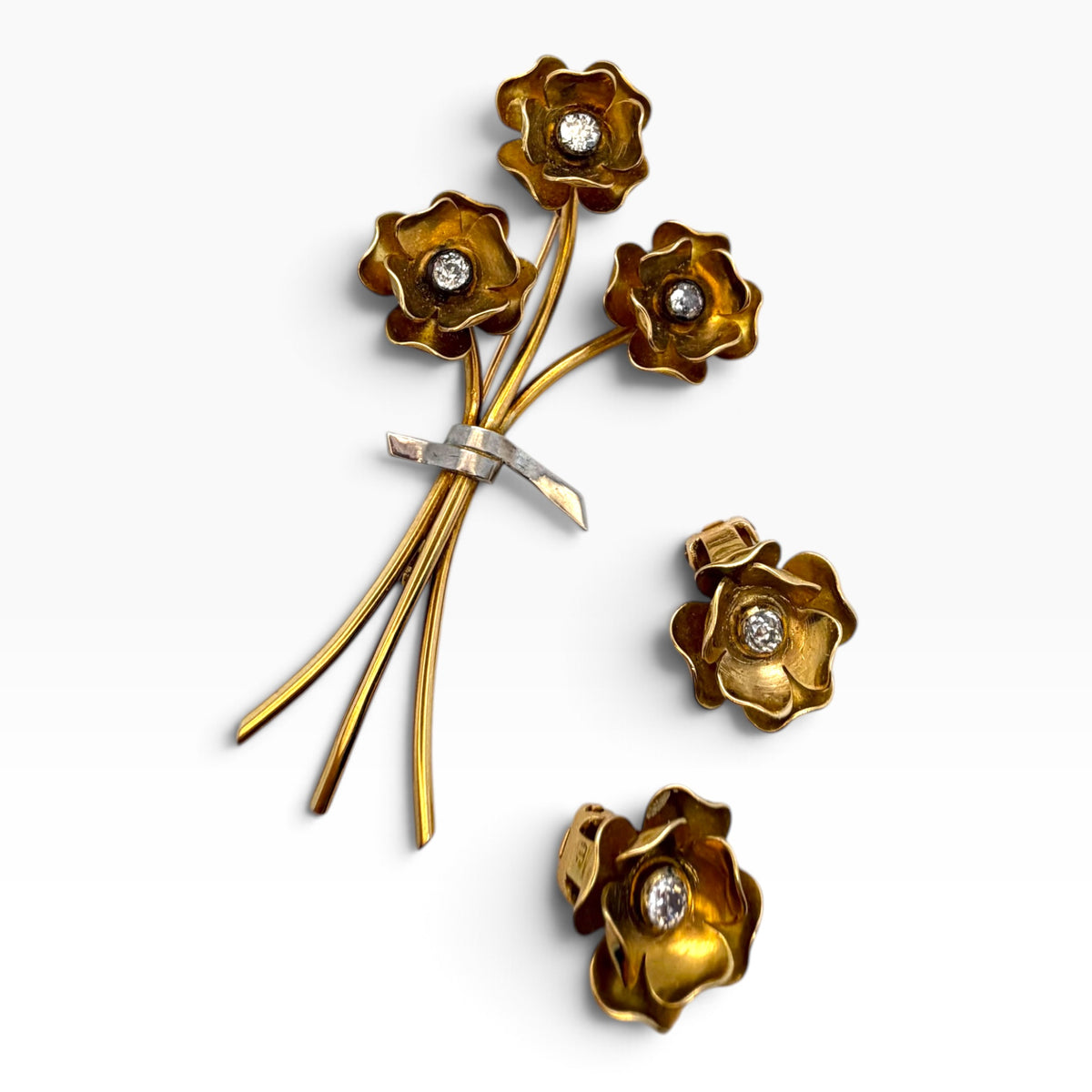Antique 18ct Gold & Diamond Buttercup Brooch & Earrings Demi-Parure