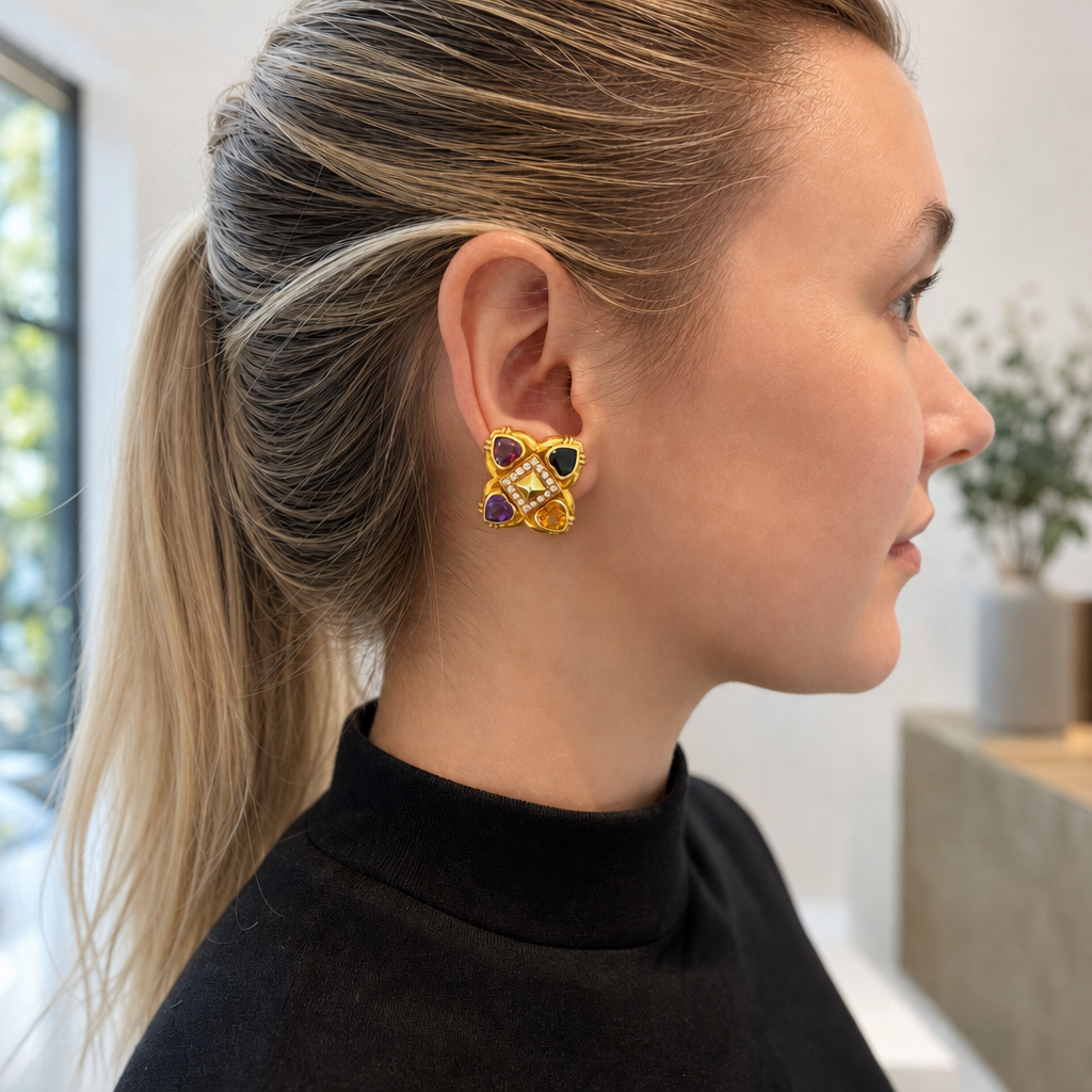 1980's 18ct Gold, Diamond & Multi Gemstone Earrings