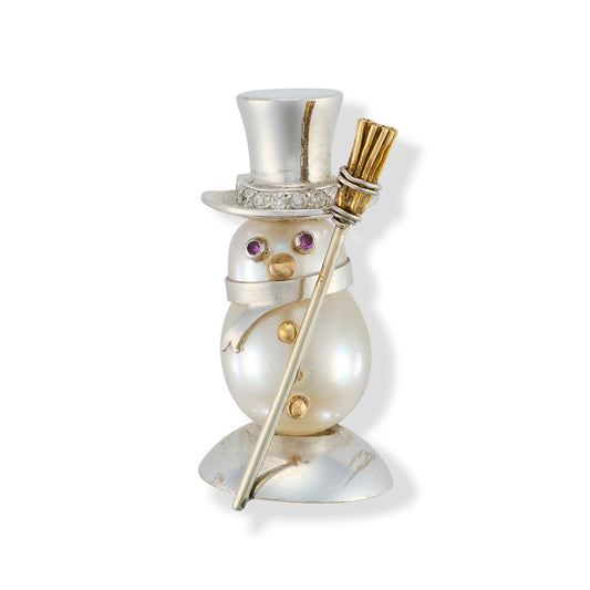 Vintage Platinum & Pearl Snowman Brooch - Wildsmith Jewellery