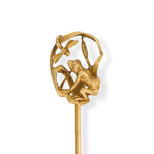 French Art Nouveau 18ct Gold Frog & Dragonfly Stickpin, c.1880