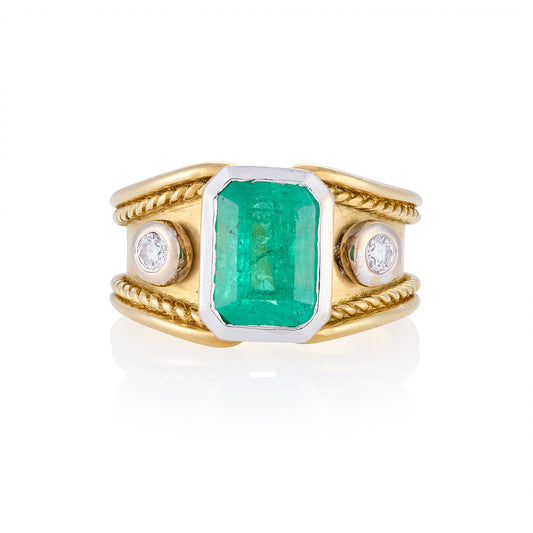 Vintage Etruscan Style Emerald & Diamond Ring