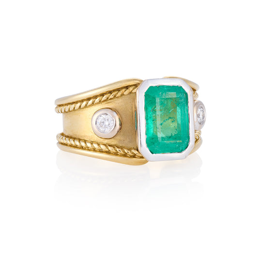 Vintage Etruscan Style Emerald & Diamond Ring