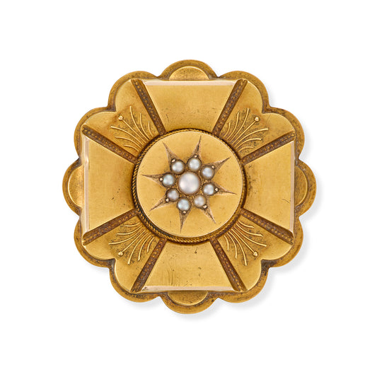 Victorian 15ct Gold Seed Pearl Maltese Cross Brooch, 1885