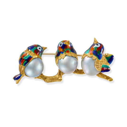 18ct Gold Pearl & Enamel Bird Brooch