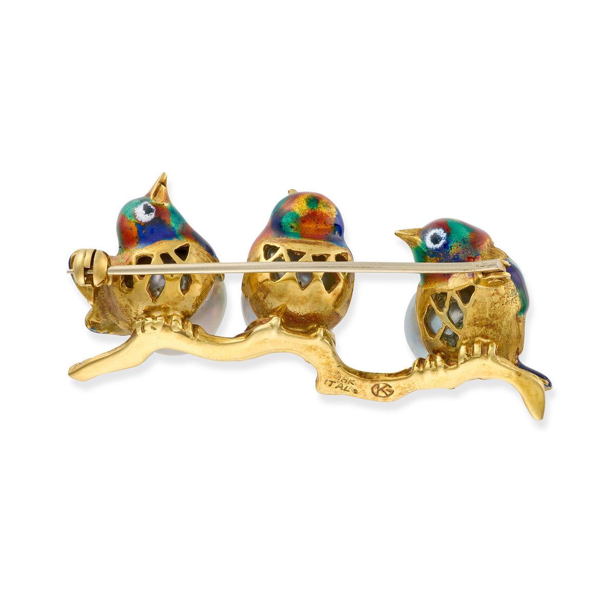 18ct Gold Pearl & Enamel Bird Brooch