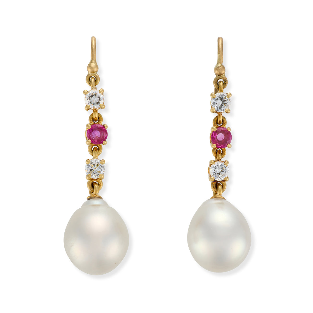 Vintage South Sea Pearl, Ruby & Diamond Drop Earrings