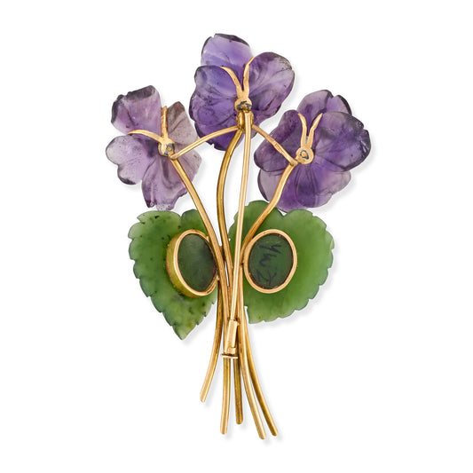 Broche améthyste, néphrite et diamant
