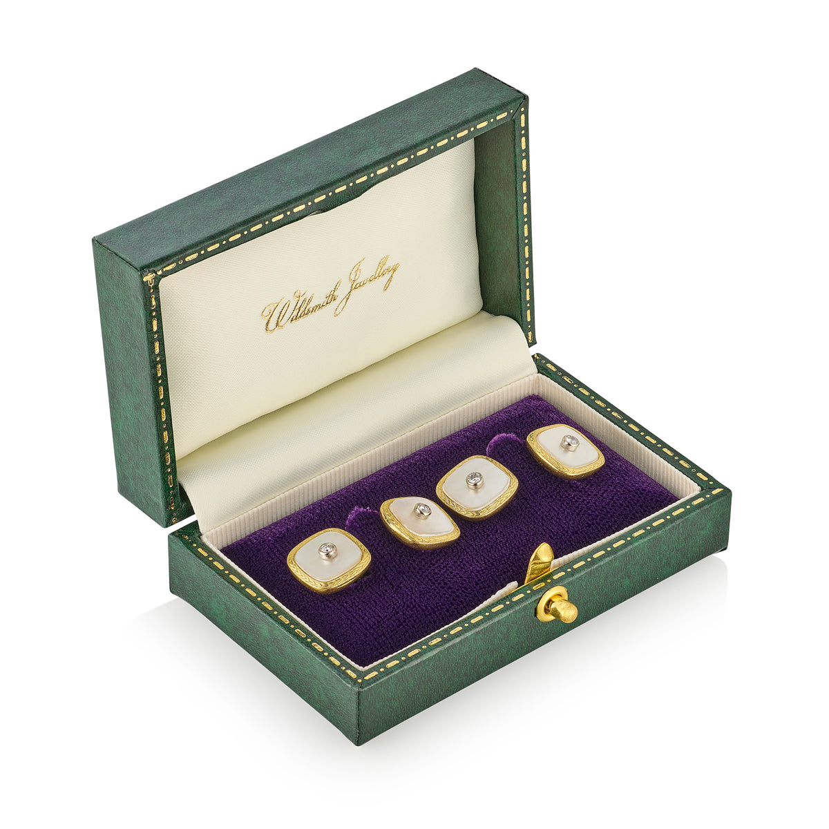 Deakin & Francis 18ct Gold, Mother of Pearl & Diamond Cushion Cufflinks, Birmingham 1985