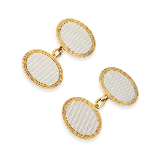 Art Deco 18ct Gold & Platinum Oval Engine-Turned Cufflinks