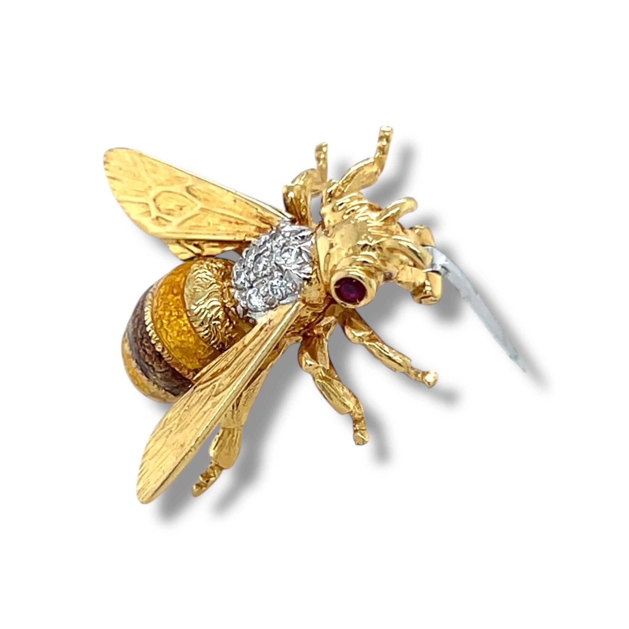 Ruby, Diamond & Enamel Bee Brooch 18ct Gold