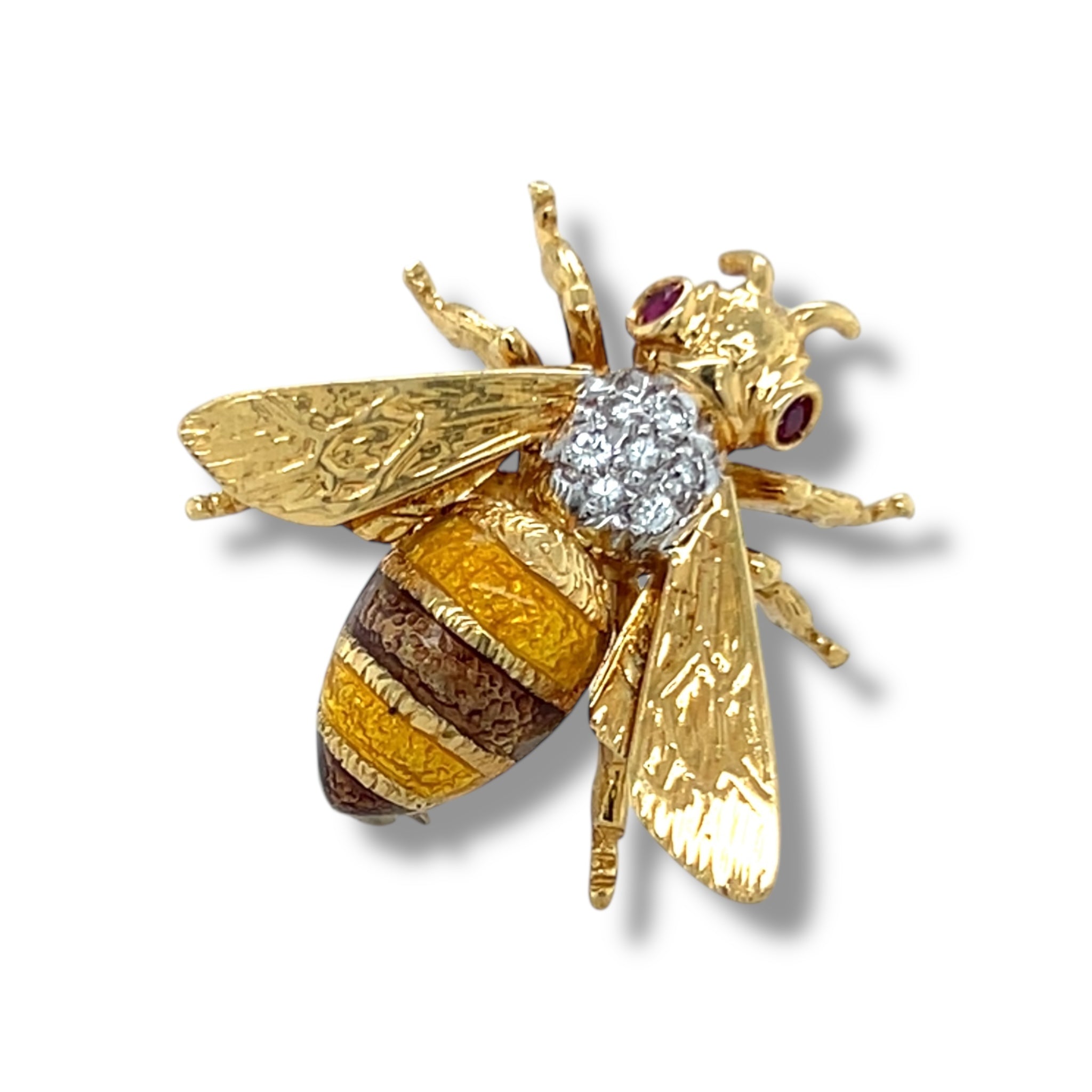 Ruby, Diamond & Enamel Bee Brooch 18ct Gold