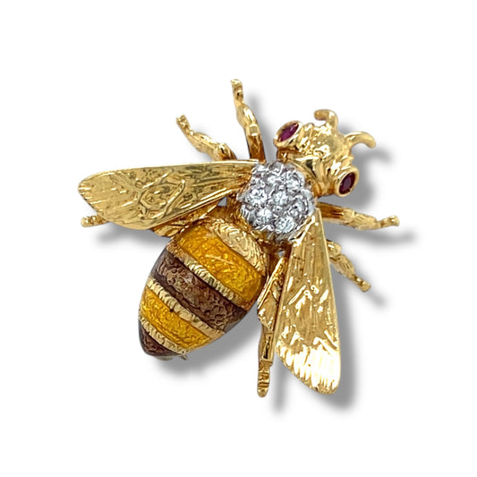 Ruby, Diamond & Enamel Bee Brooch 18ct Gold