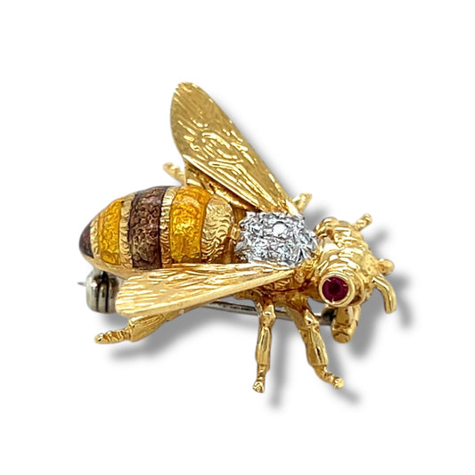 Ruby, Diamond & Enamel Bee Brooch 18ct Gold
