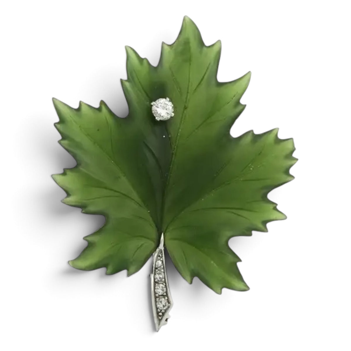 Vintage Nephrite Jade & Diamond Leaf Brooch in 18ct White Gold