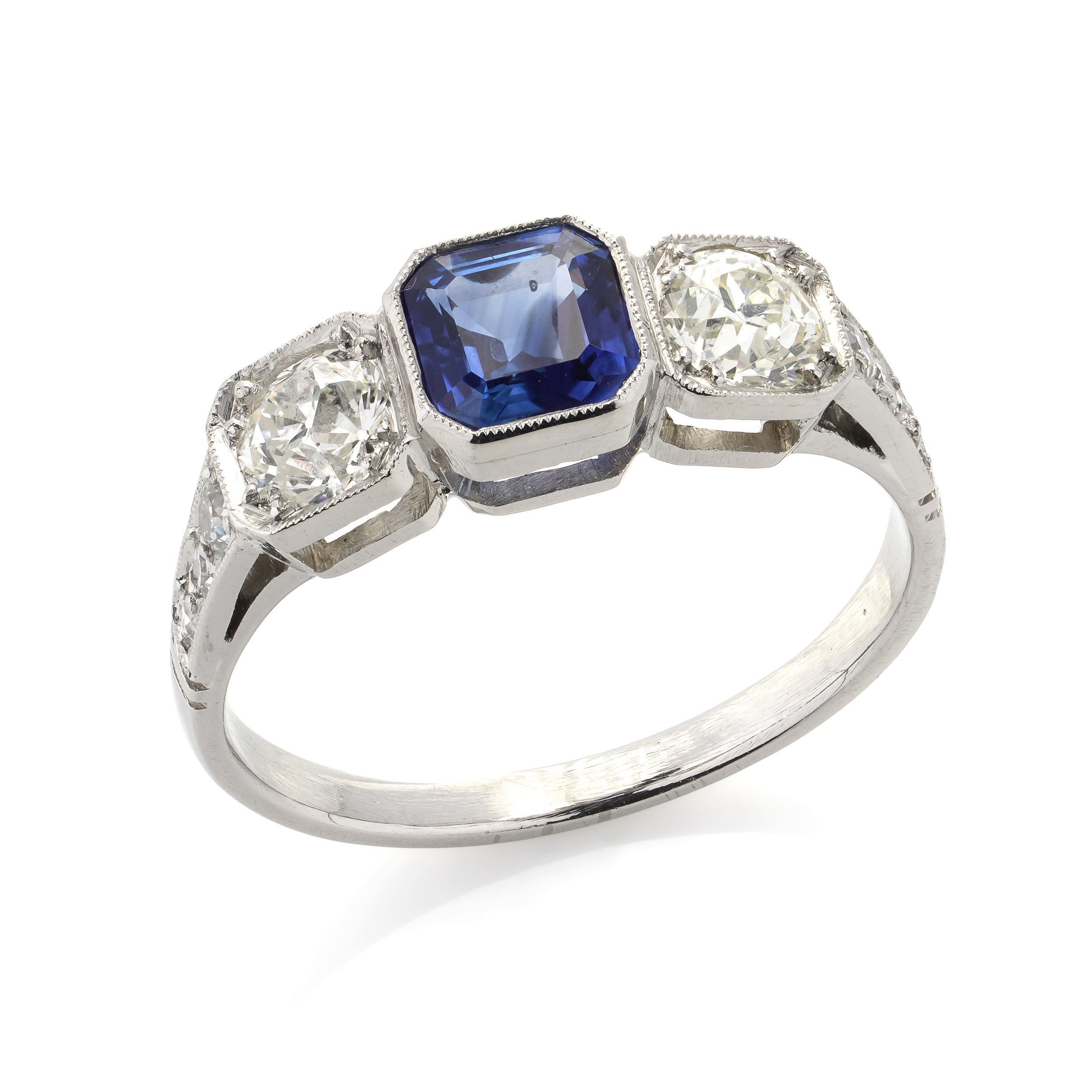 Art Deco Style Sapphire & Old Cut Diamond Ring - Wildsmith Jewellery