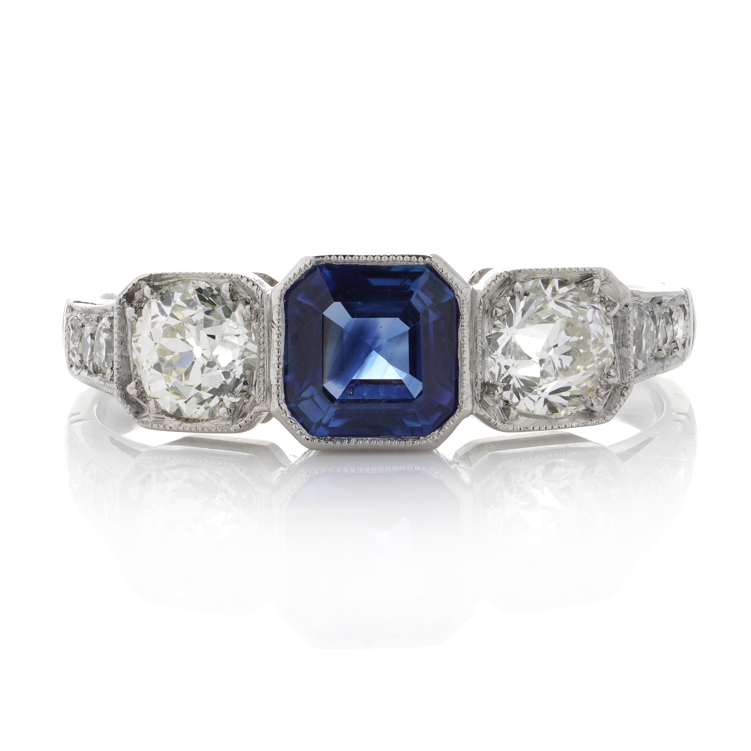 Art Deco Style Sapphire & Old Cut Diamond Ring - Wildsmith Jewellery