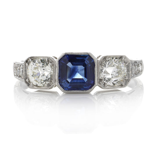 Art Deco Style Sapphire & Old Cut Diamond Ring - Wildsmith Jewellery