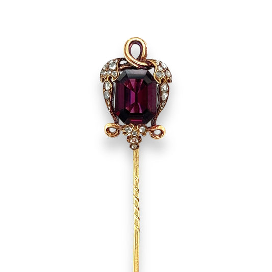 Victorian 15ct Gold Almandine Garnet & Diamond Stickpin - Wildsmith Jewellery