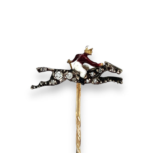Edwardian Diamond & Enamel Race Horse & Jockey Stickpin - Wildsmith Jewellery Stickpins