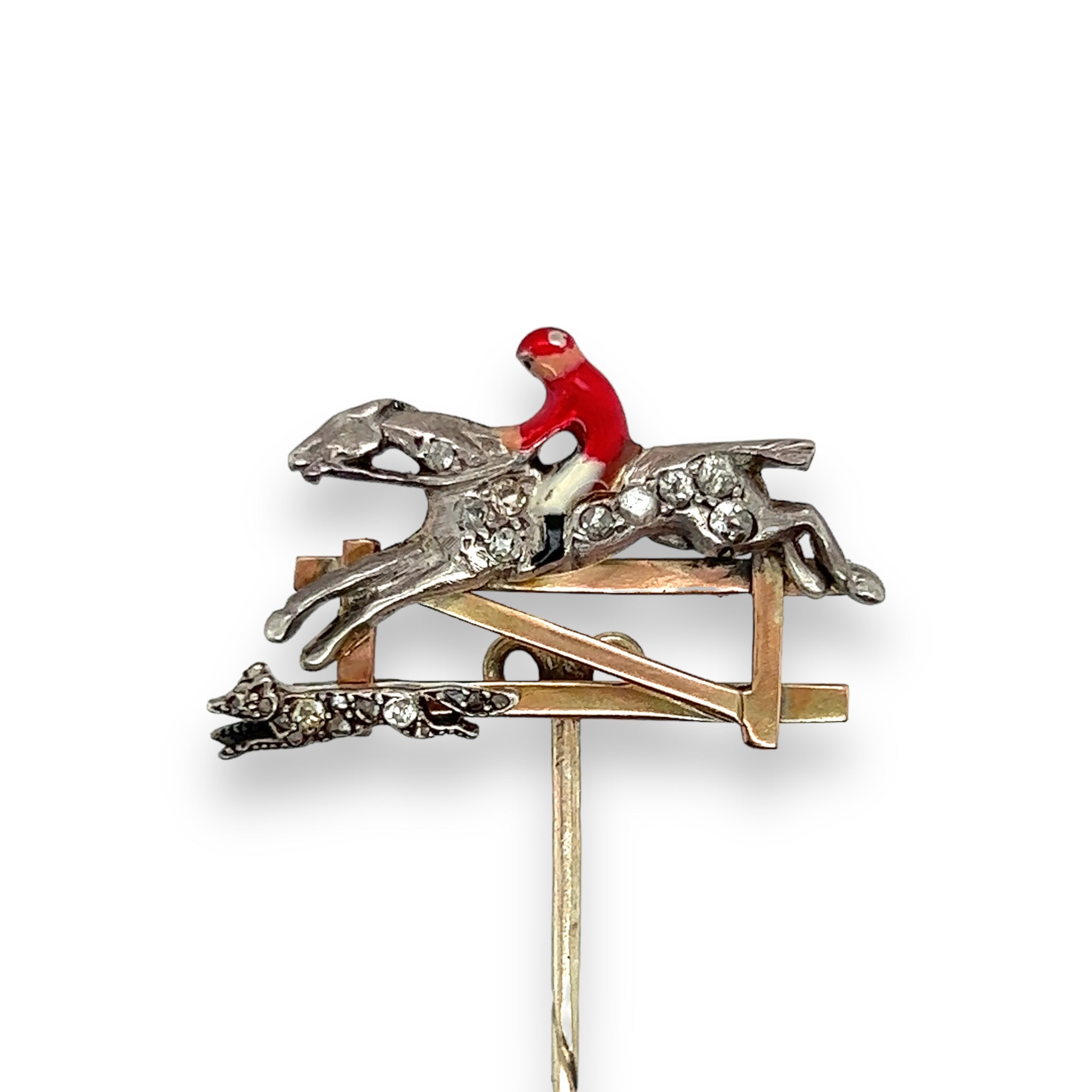 Edwardian Diamond & Enamel Fox Hunting Stickpin - Wildsmith Jewellery Stickpins
