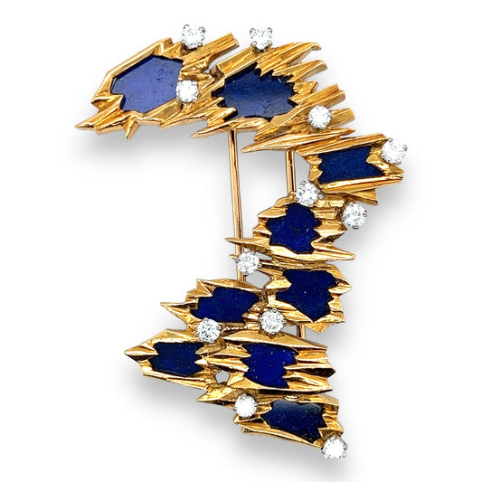 Vintage 18ct Gold & Lapis Lazuli Brooch set with Diamonds - Wildsmith Jewellery Brooches & Lapel Pins