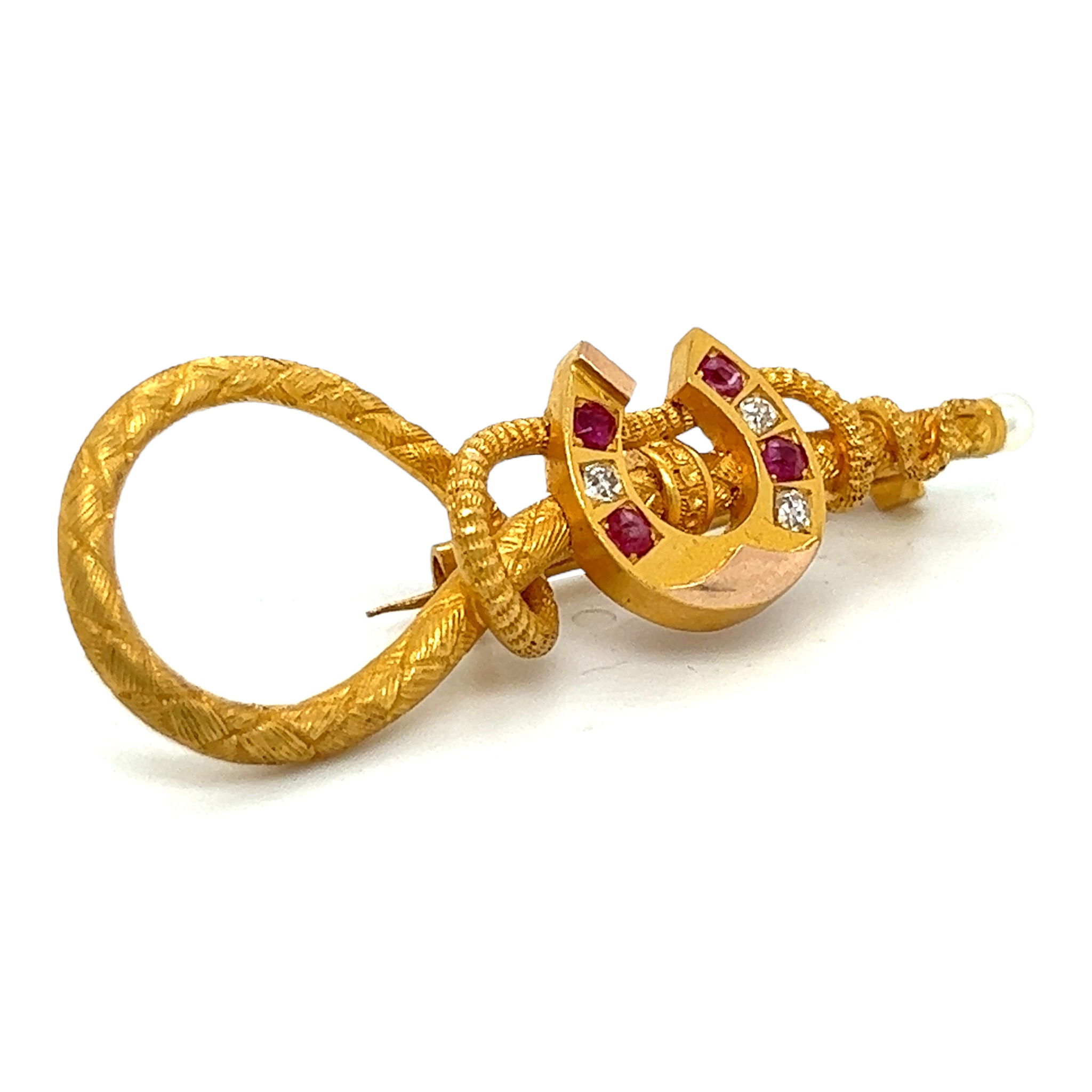 French 19th Century Ruby and Diamond Lucky Horseshoe Brooch - Wildsmith Jewellery Brooches