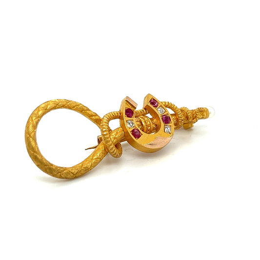 French 19th Century Ruby and Diamond Lucky Horseshoe Brooch - Wildsmith Jewellery Brooches