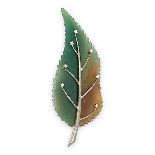 Nephrite, Gold and Diamond Leaf Brooch - Wildsmith Jewellery Brooches
