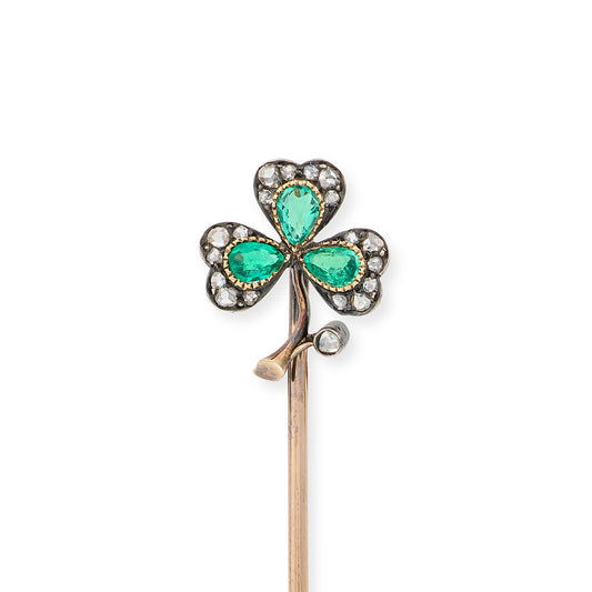 Antique Emerald & Diamond Three Leaf Clover Stickpin, French - Wildsmith Jewellery