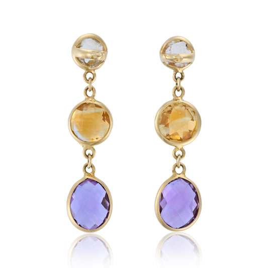 18ct Gold Amethyst, Citrine & Lemon Quartz Drop Earrings - Wildsmith Jewellery