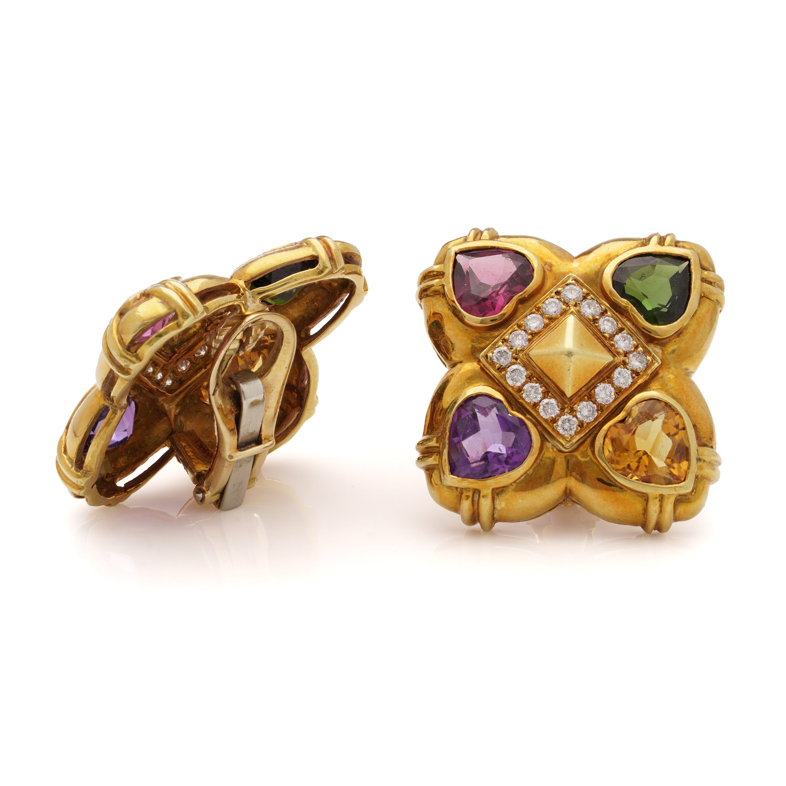 1980's 18ct Gold, Diamond & Multi Gemstone Earrings - Wildsmith Jewellery