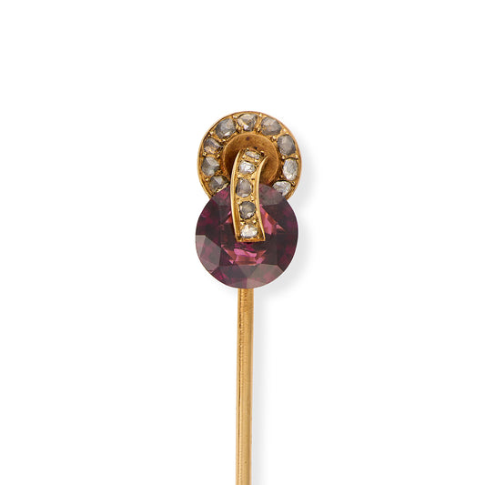 Antique Garnet & Diamond Buckle Stickpin, French