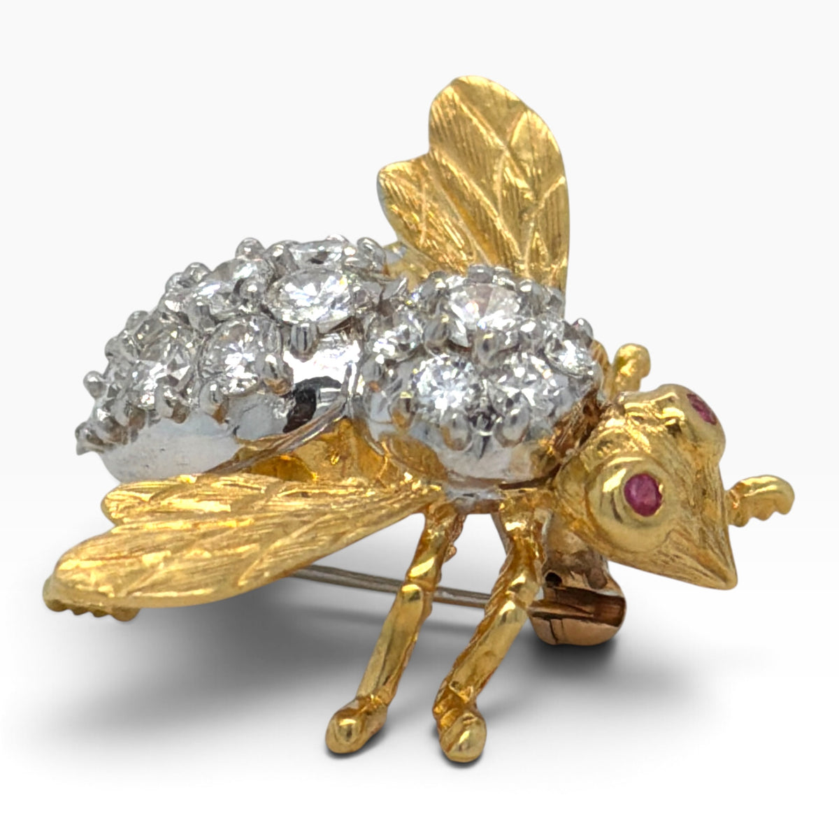 Vintage Herbert Rosenthal 18ct Gold Diamond & Ruby Bee Brooch