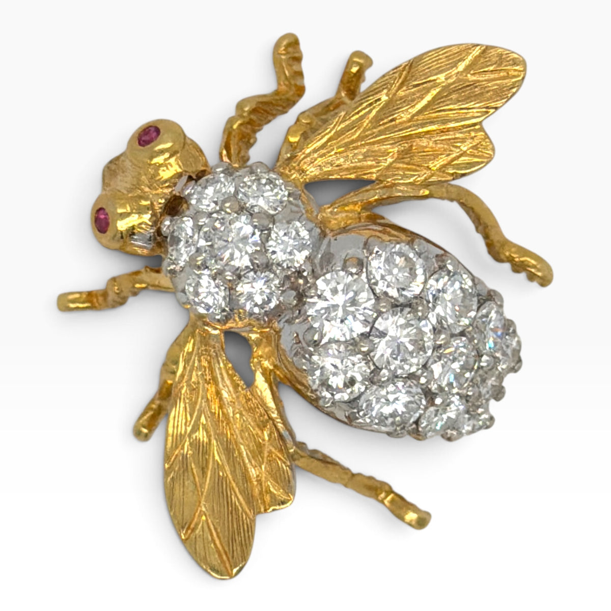 Vintage Herbert Rosenthal 18ct Gold Diamond & Ruby Bee Brooch
