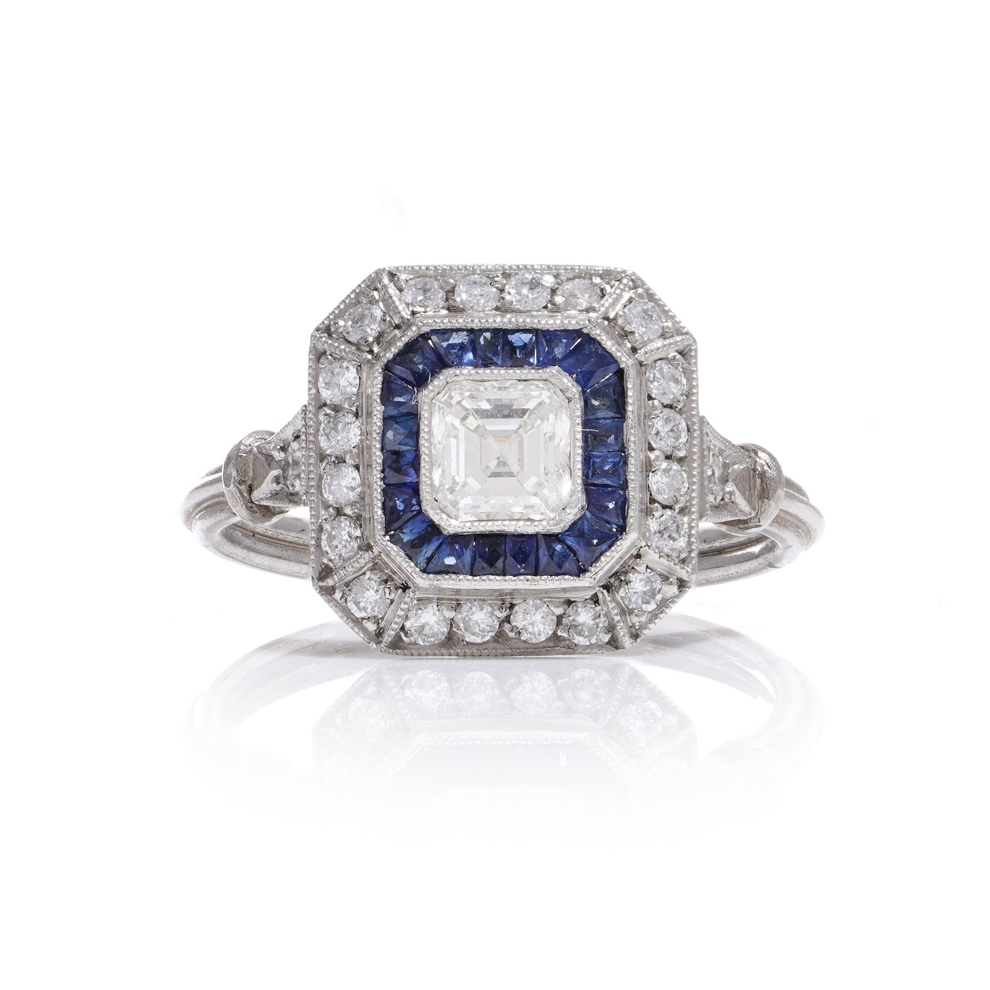 0.55ct Asscher Cut Diamond and Sapphire Art Deco Revival Ring - Wildsmith Jewellery