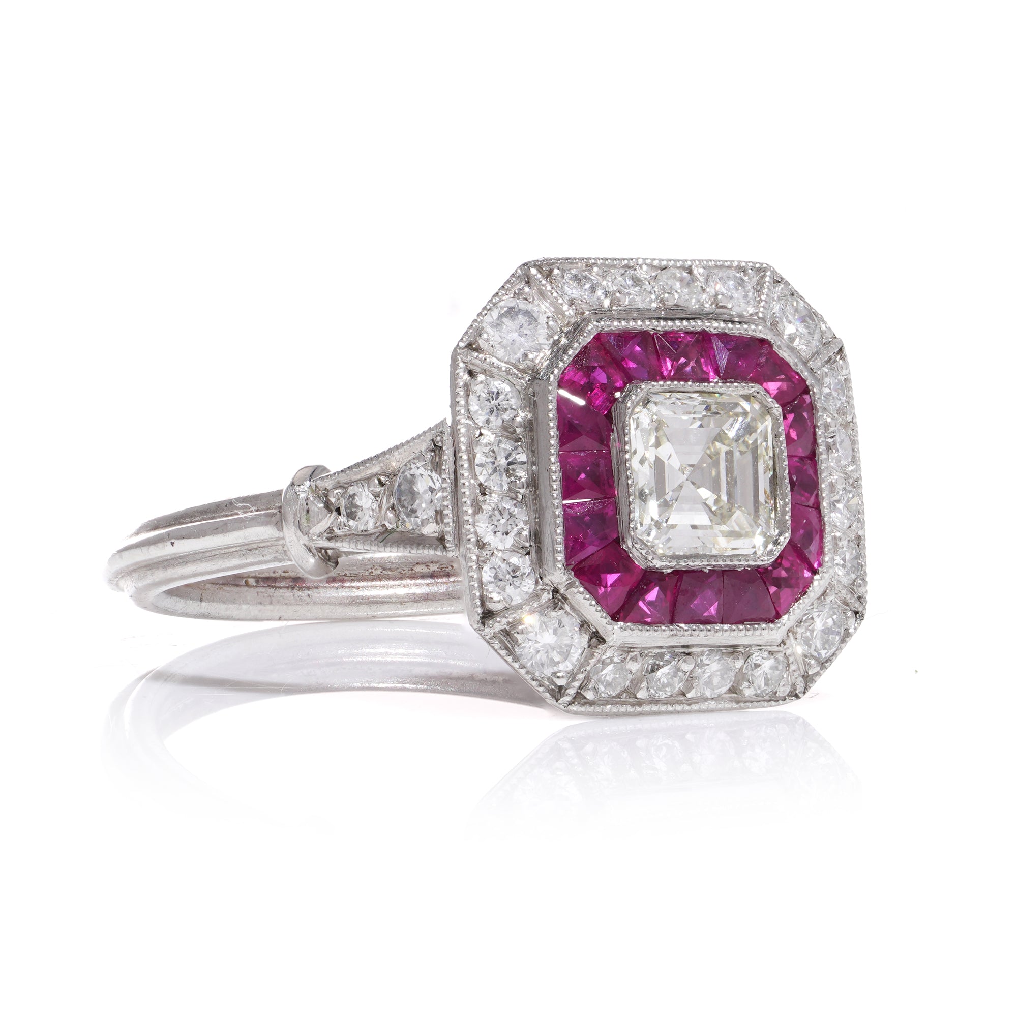 0.55ct Asscher Cut Diamond and Ruby Art Deco Revival Ring - Wildsmith Jewellery