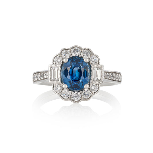 Teal Sapphire & Diamond Cluster Ring