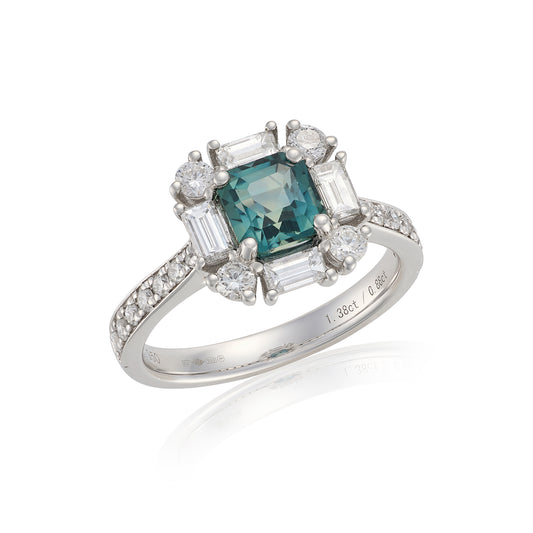Art Deco Teal Sapphire & Diamond Ring