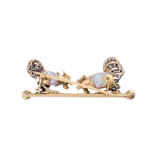 Edwardian 15ct Gold Natural Pearl & Diamond Cockfighting Brooch