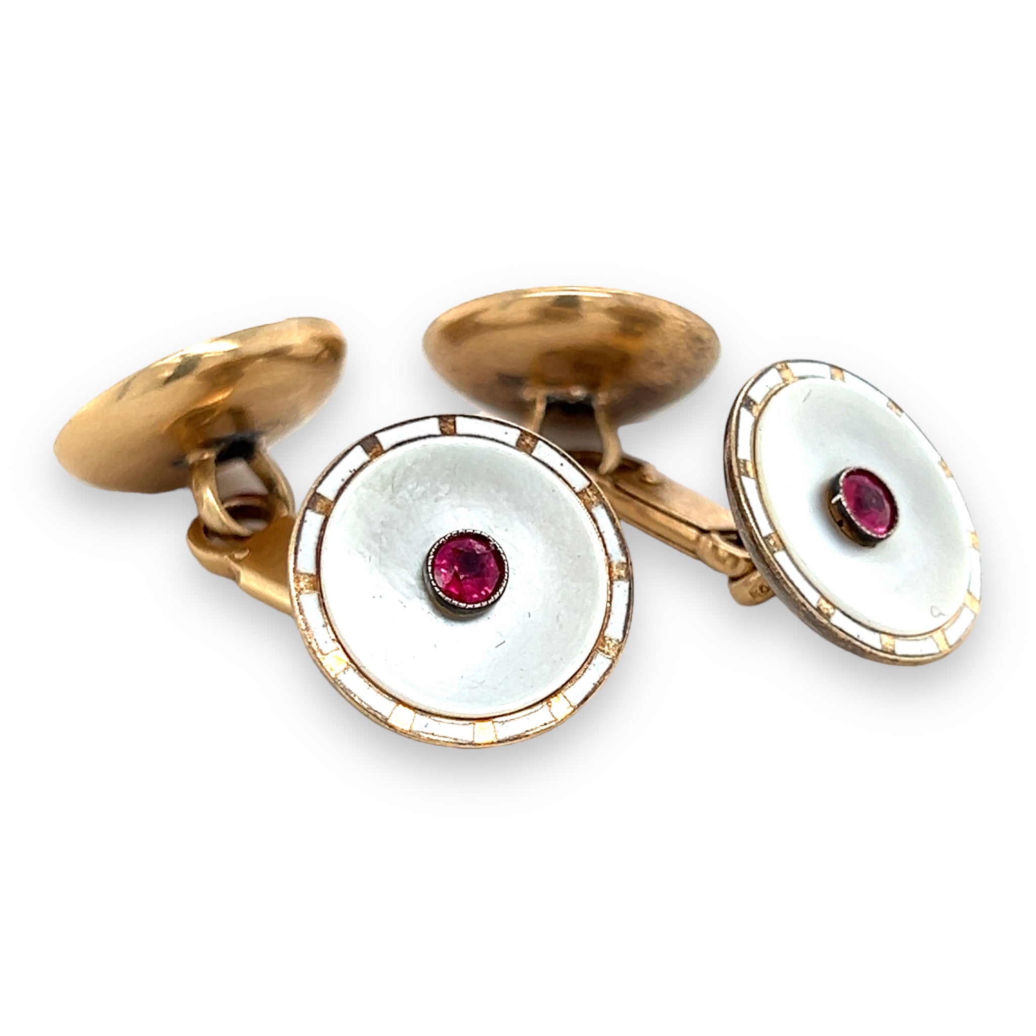 19th Century Gold Round Mother of Pearl, Ruby & Enamel Cufflinks - Wildsmith Jewellery