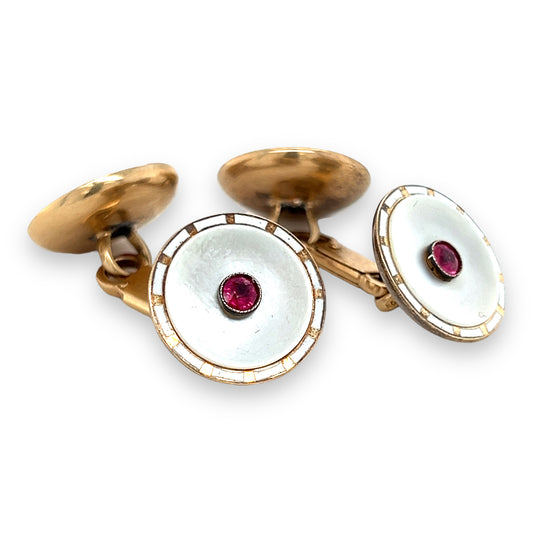 19th Century Gold Round Mother of Pearl, Ruby & Enamel Cufflinks - Wildsmith Jewellery