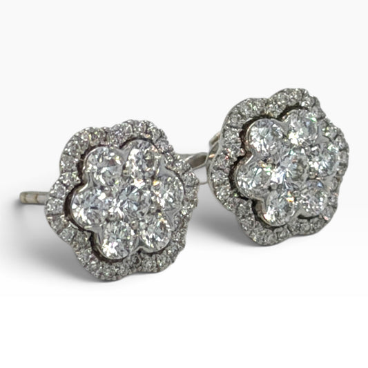 18ct White Gold Diamond Floral Cluster Earrings