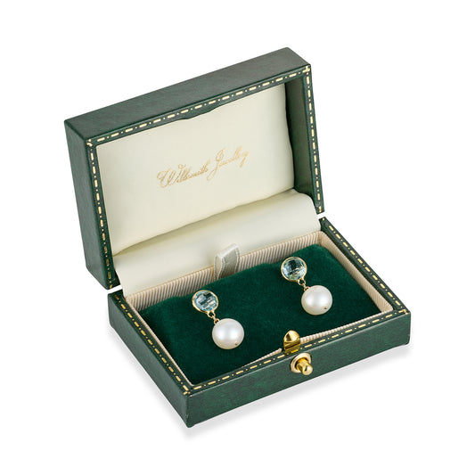 Blue Topaz & Akoya Pearl Drop Earrings - Wildsmith Jewellery