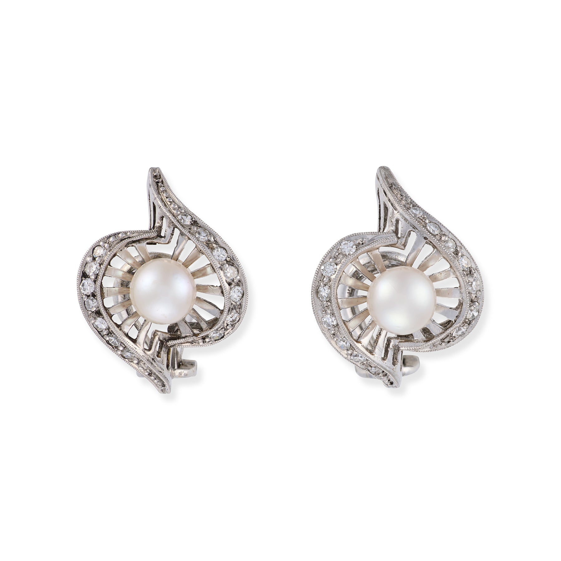Vintage White Gold Pearl & Diamond Earrings