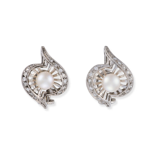 Vintage White Gold Pearl & Diamond Earrings