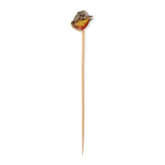 Antique Diamond & Enamel Songbird Stickpin, French