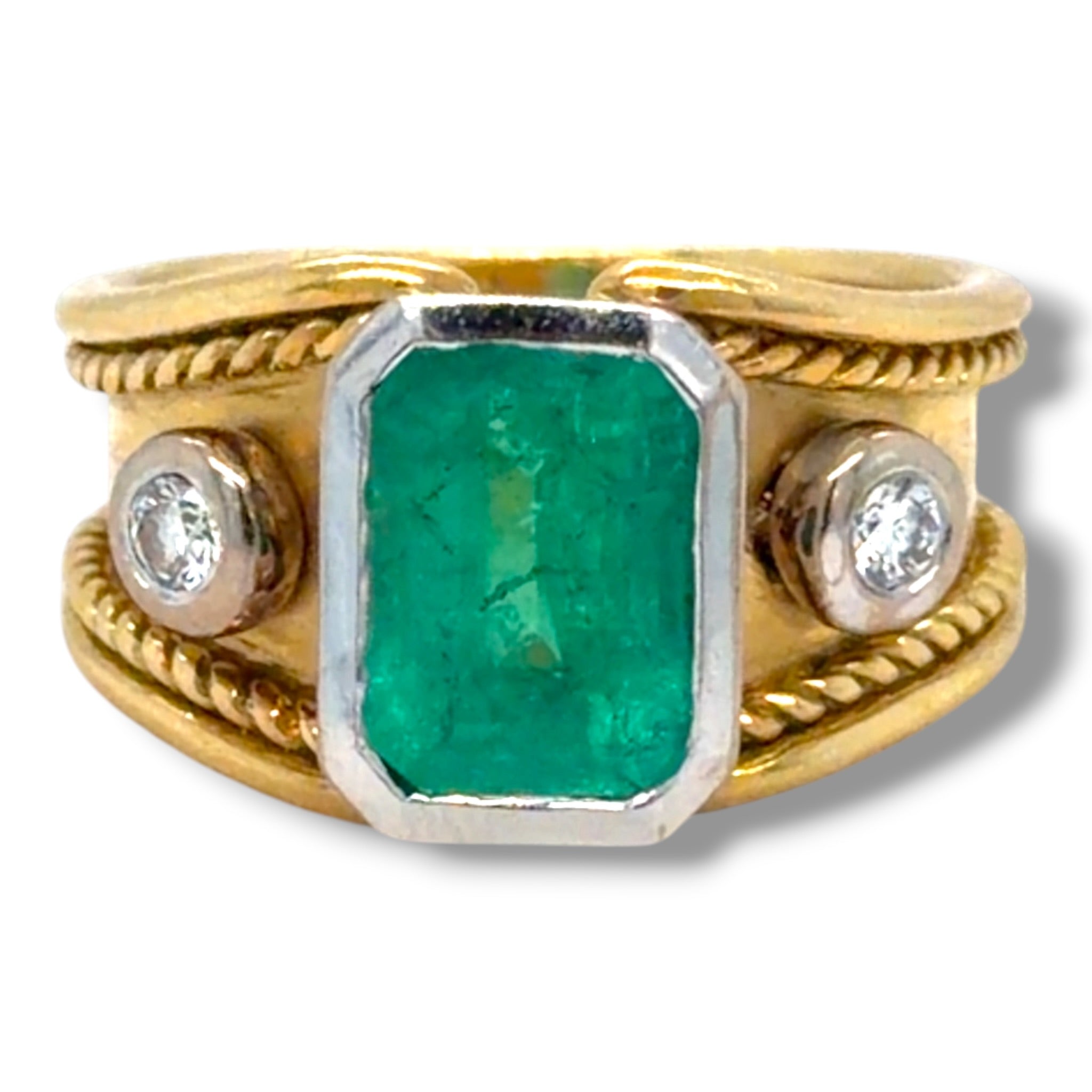 Vintage Etruscan Style Emerald & Diamond Ring