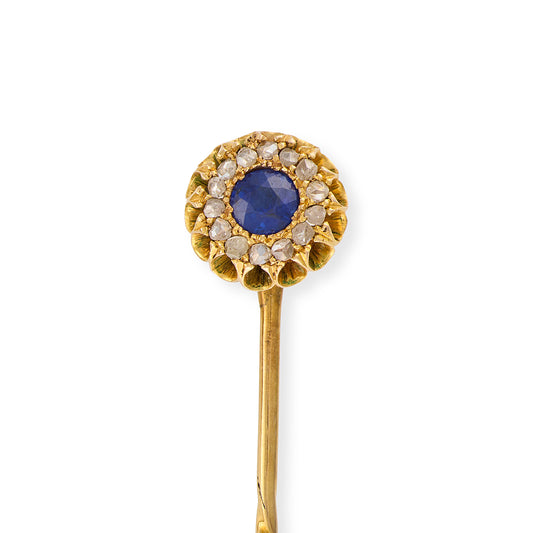 Victorian 18ct Gold Ceylon Sapphire & Diamond Cluster Stickpin, c.1880