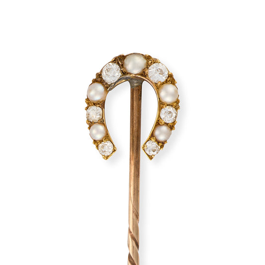 Antique Pearl & Diamond Horseshoe Stickpin